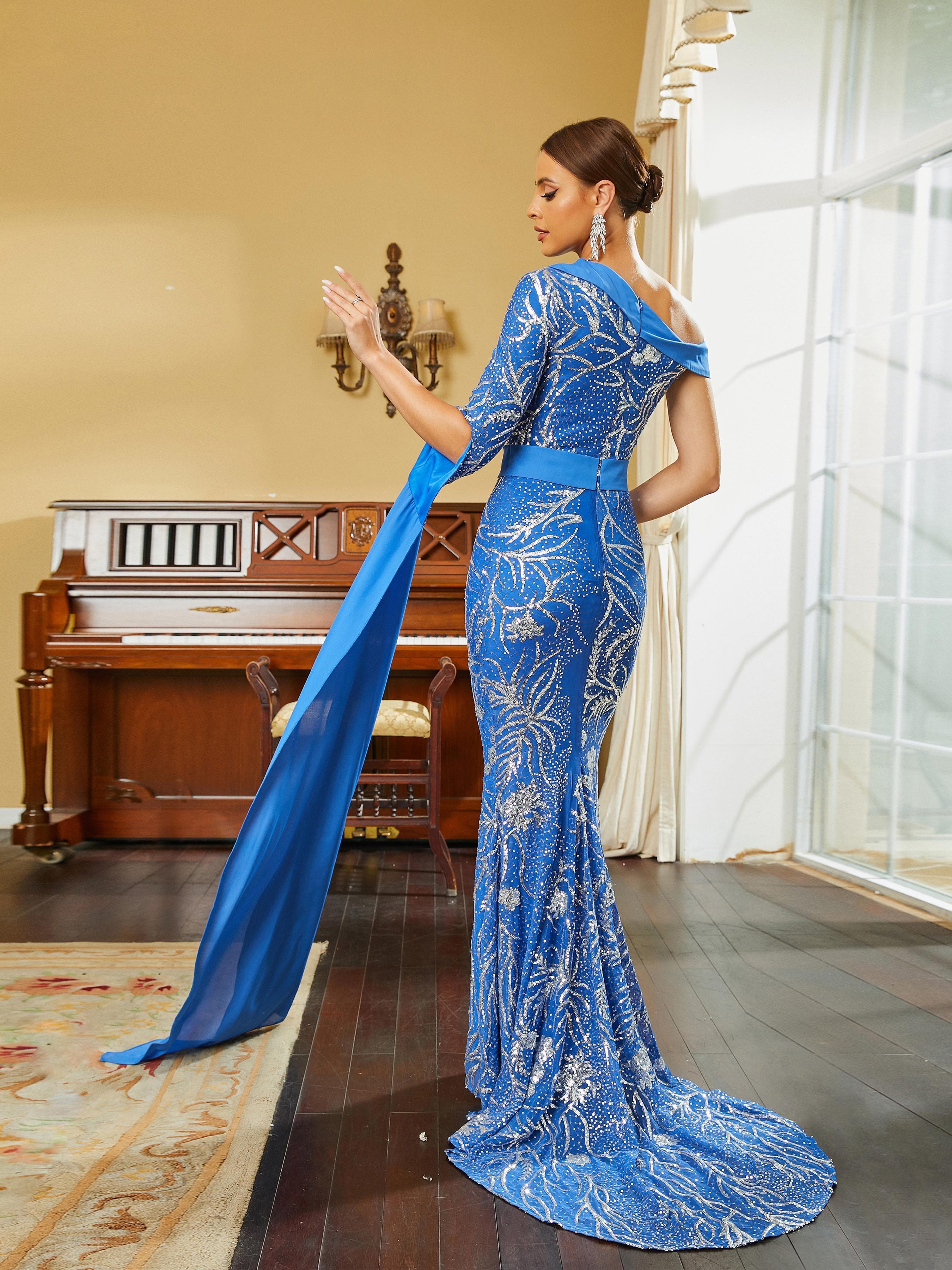 Mermaid Draped Sleeve Sequin Blue Evening Dress