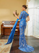 Mermaid Draped Sleeve Sequin Blue Evening Dress