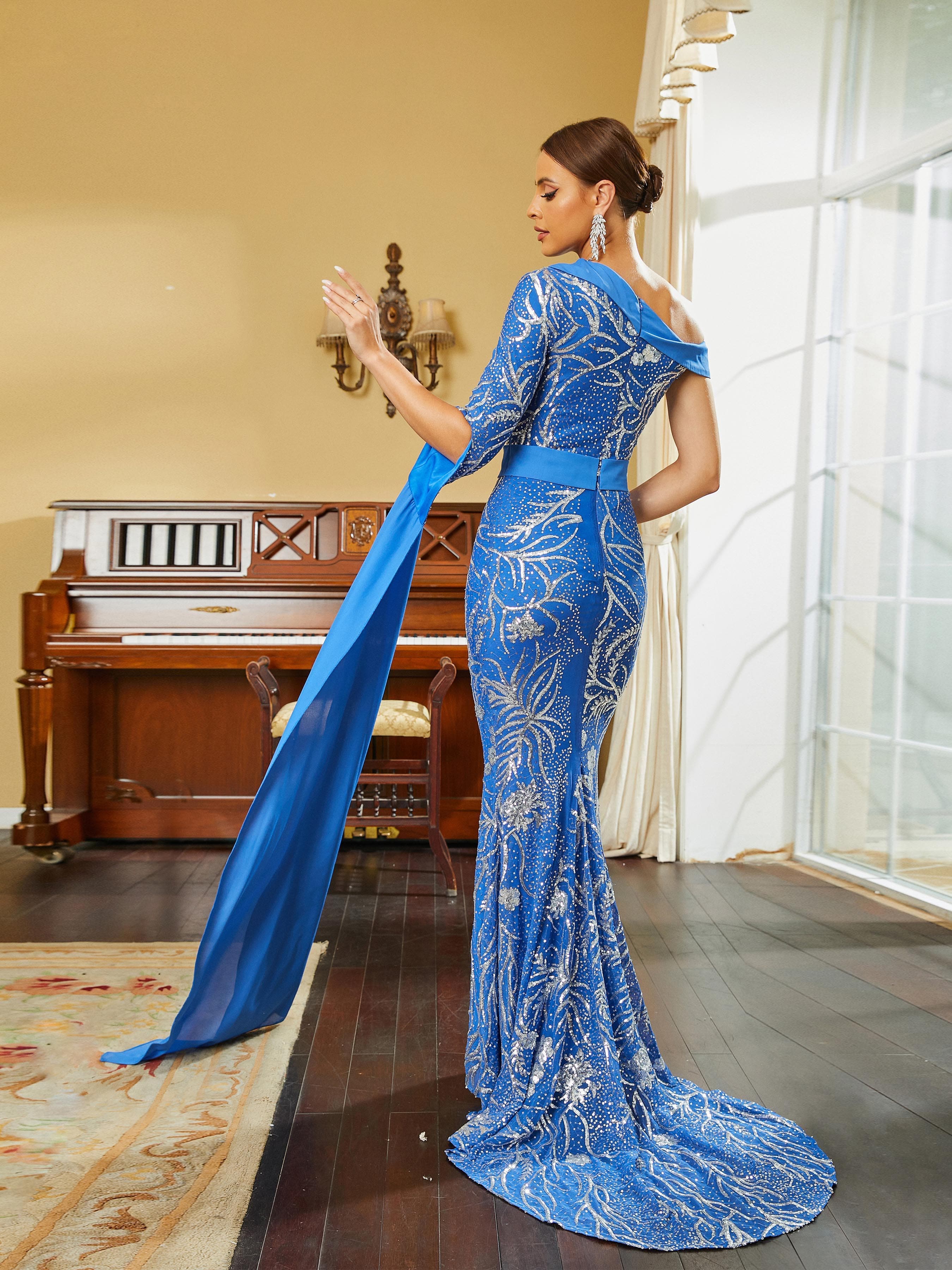 Mermaid Draped Sleeve Sequin Blue Evening Dress