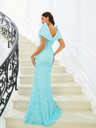 V-Neck Mermaid Sequin Blue Evening Dress