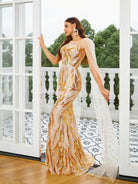 MISSORD Cape Sleeve Crew Neck Sequin Gold Prom Dress