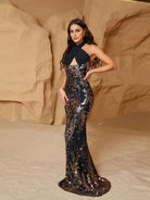 MISSORD Halter Cutout Panel Sequin Black Prom Dress