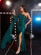 MISSORD One Shoulder Panel High Split Green Sequin Prom Dress