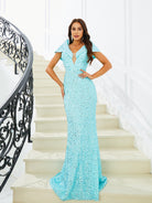 V-Neck Mermaid Sequin Blue Evening Dress