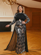 Plus Size Stand Collar Panel Cutout Sequin Black Prom Dress PRH30630 - MISS ORD