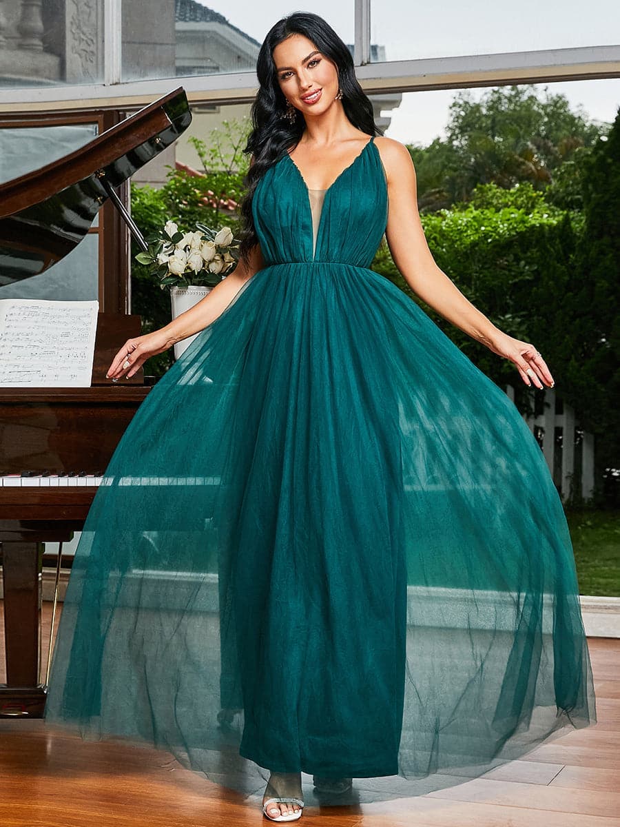 Spaghetti Tulle Ruched Green Prom Dress