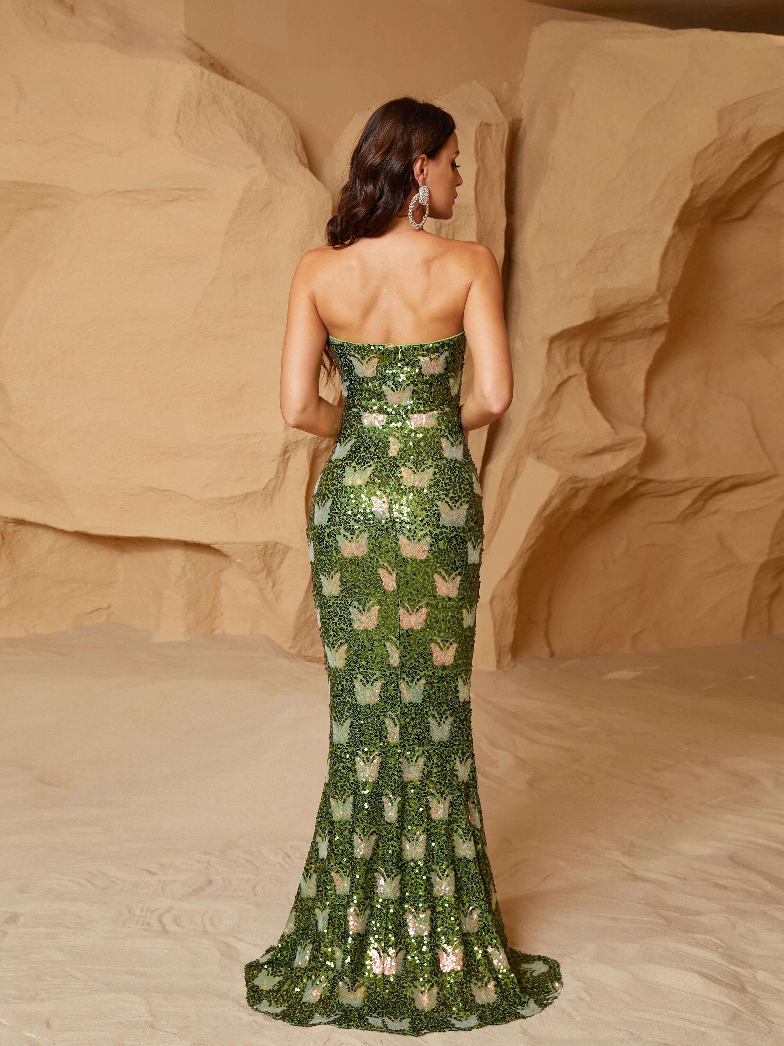 MISSORD Tube Top Backless Green Sequin Prom Dress