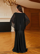 MISSORD Plus Size V-neck Cape Sleeve Black Prom Dress