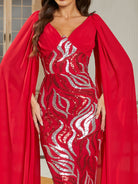 MISSORD V-neck Long Sleeve Red Sequin Maxi Prom Dress