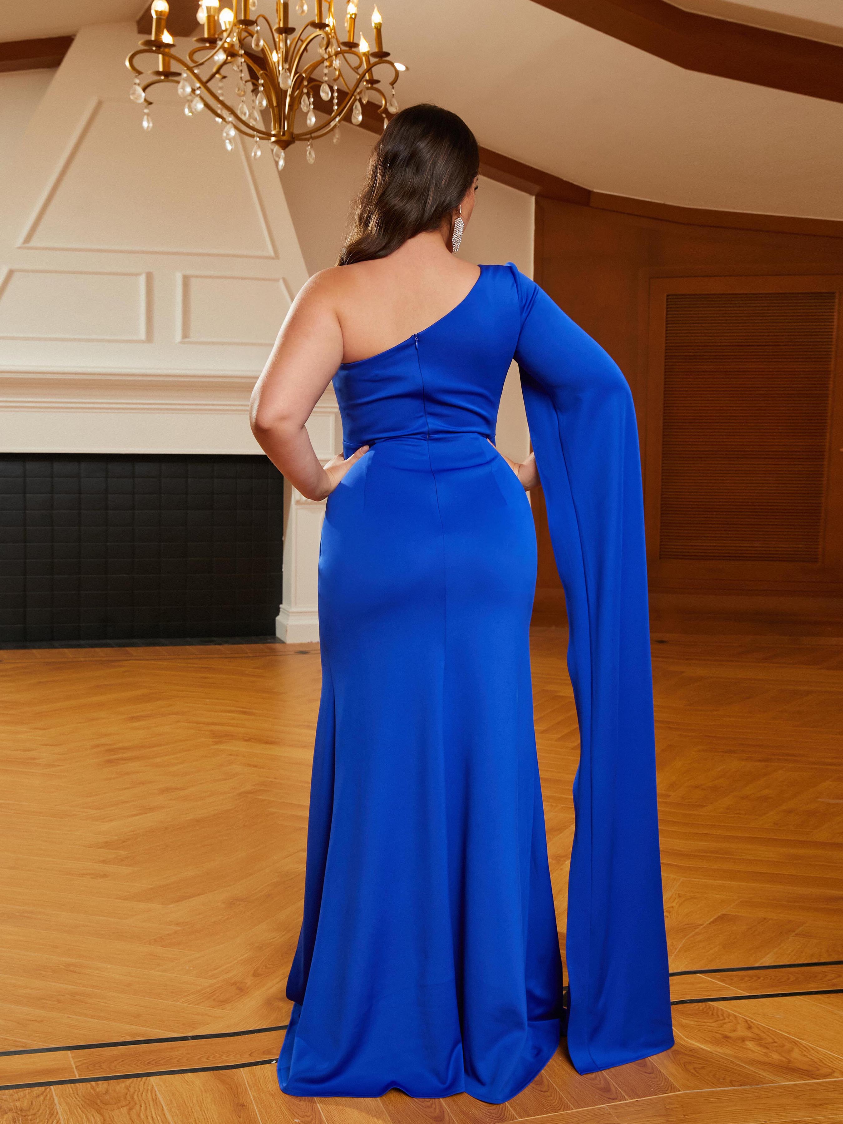 MISSORD Plus Size Knit One Shoulder High Split Blue Prom Dress