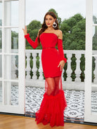 MISSORD Panel Off Shoulder Backless Red Prom Dress