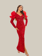 MISSORD Ballon Sleeve High Split Sequin Red Prom Dress 