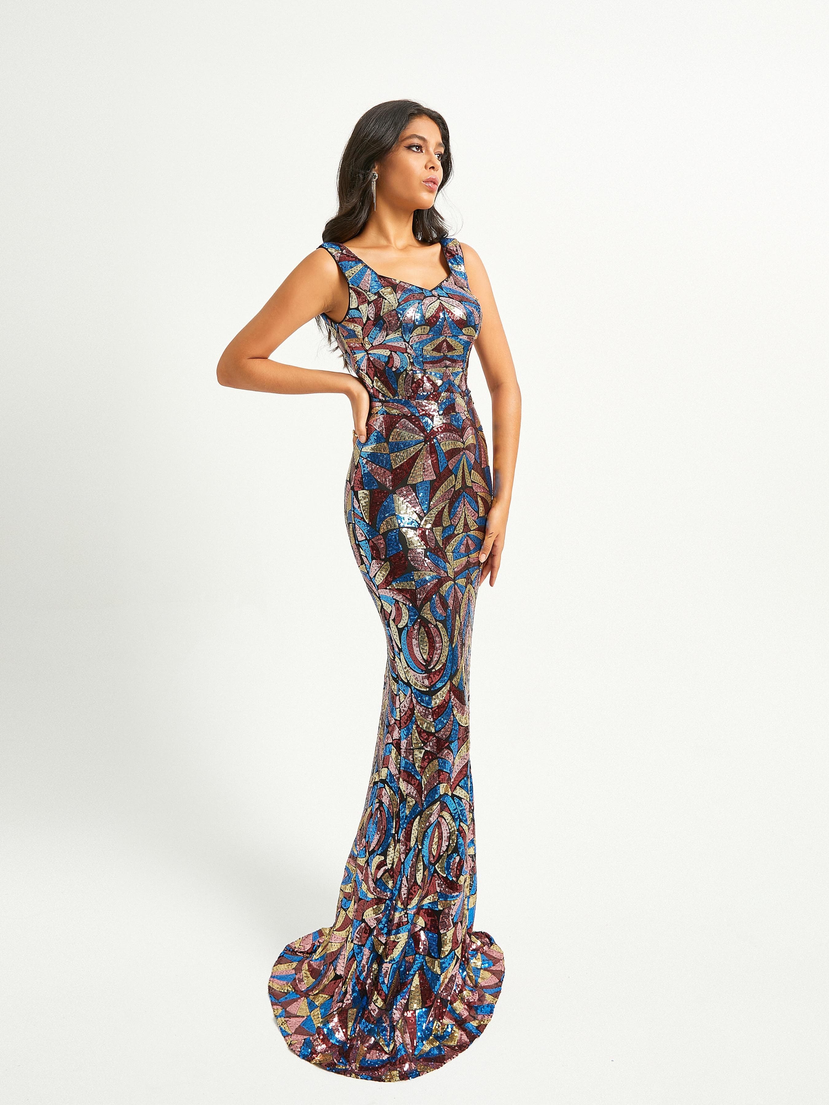 Formal Square Neck Multicolor Sequin Mermaid Dress RJ10768 MISS ORD