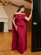 MISSORD Plus Size Cape Sleeve Cutout Red Wedding Guest Dress