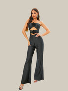 MISSORD Cutout Appliqued Strapless Black Jumpsuits