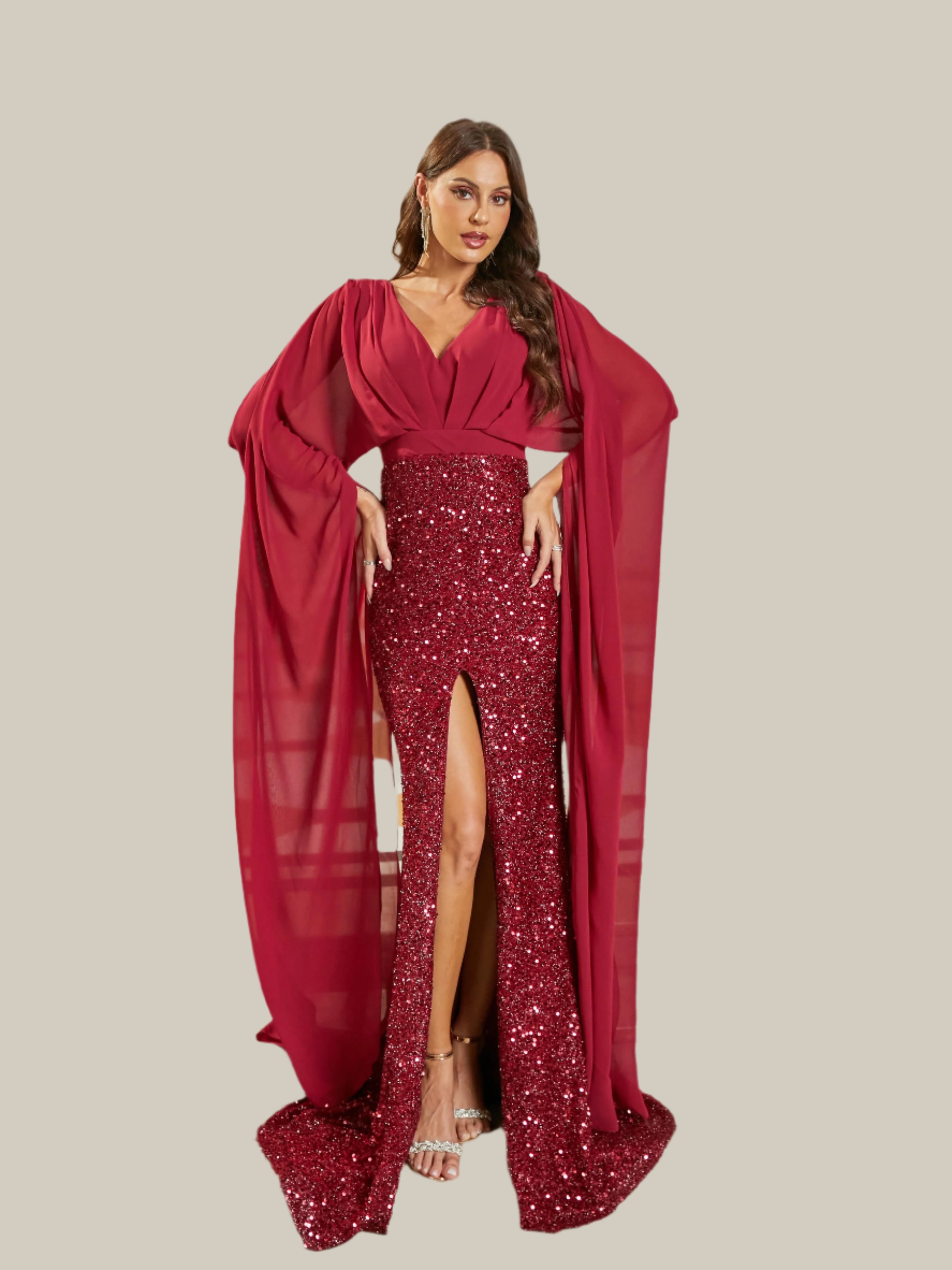 MISSORD V-neck Split Sleeve Wine Panel Sequin Prom Dress