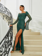 MISSORD Square Neck High Split Sequin Green Evening Dress