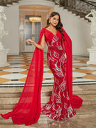 MISSORD V-neck Long Sleeve Red Sequin Maxi Prom Dress