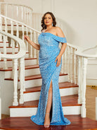 Missord Plus Size Spaghetti Strap Sequin Blue Evening Dress