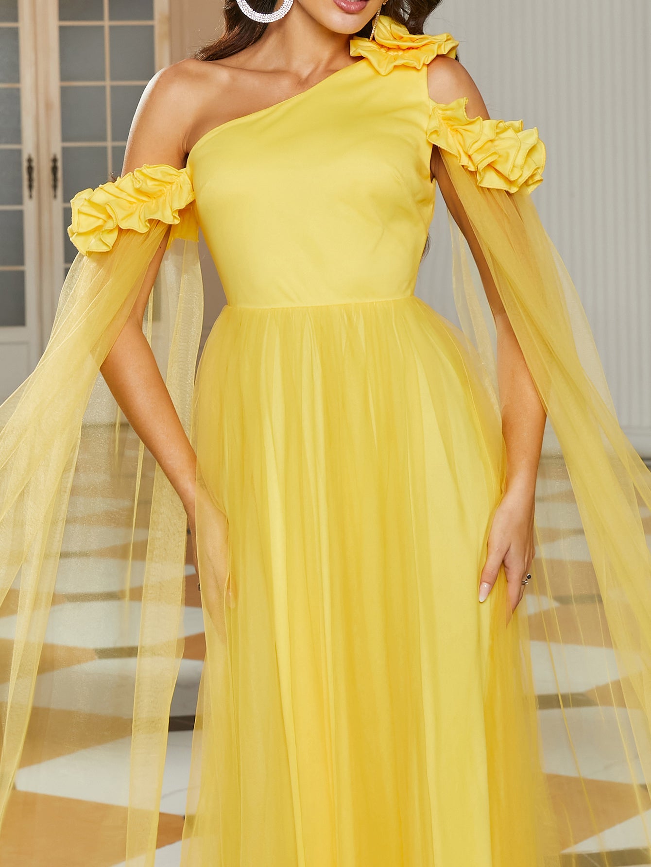 MISSORD One Shoulder Tulle Sleeveless Yellow Maxi Prom Dress