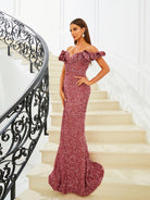 MISSORD Off Shoulder Purple Sequin Mermaid Evening Dress