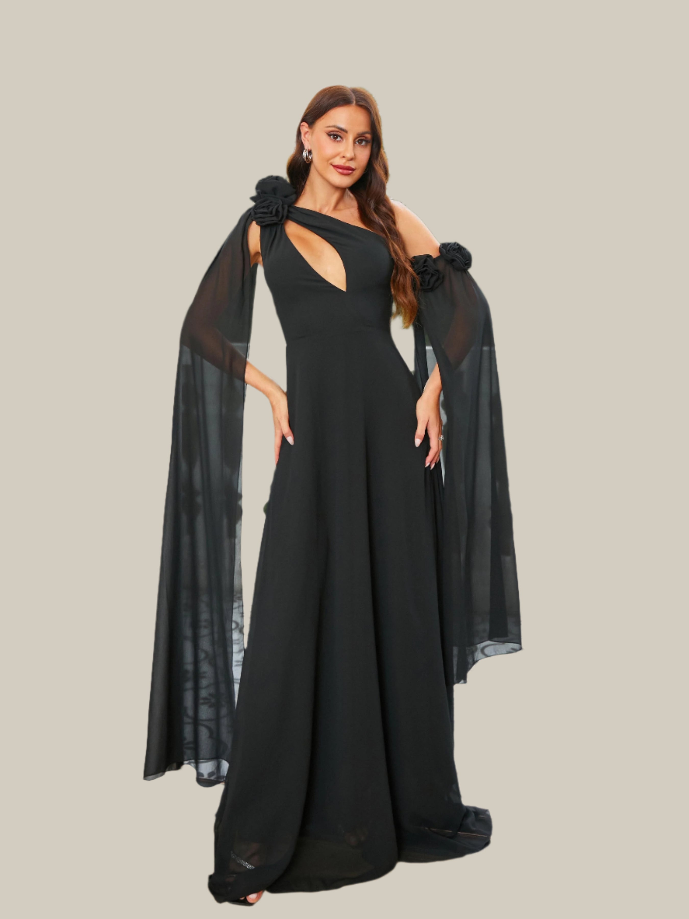 MISSORD Cutout Cape Sleeve Black Prom Dress