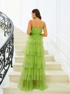 Spaghetti Ruffle Tulle Maxi Green Prom Dress