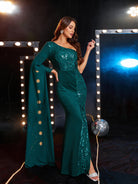 MISSORD One Shoulder Panel High Split Green Sequin Prom Dress