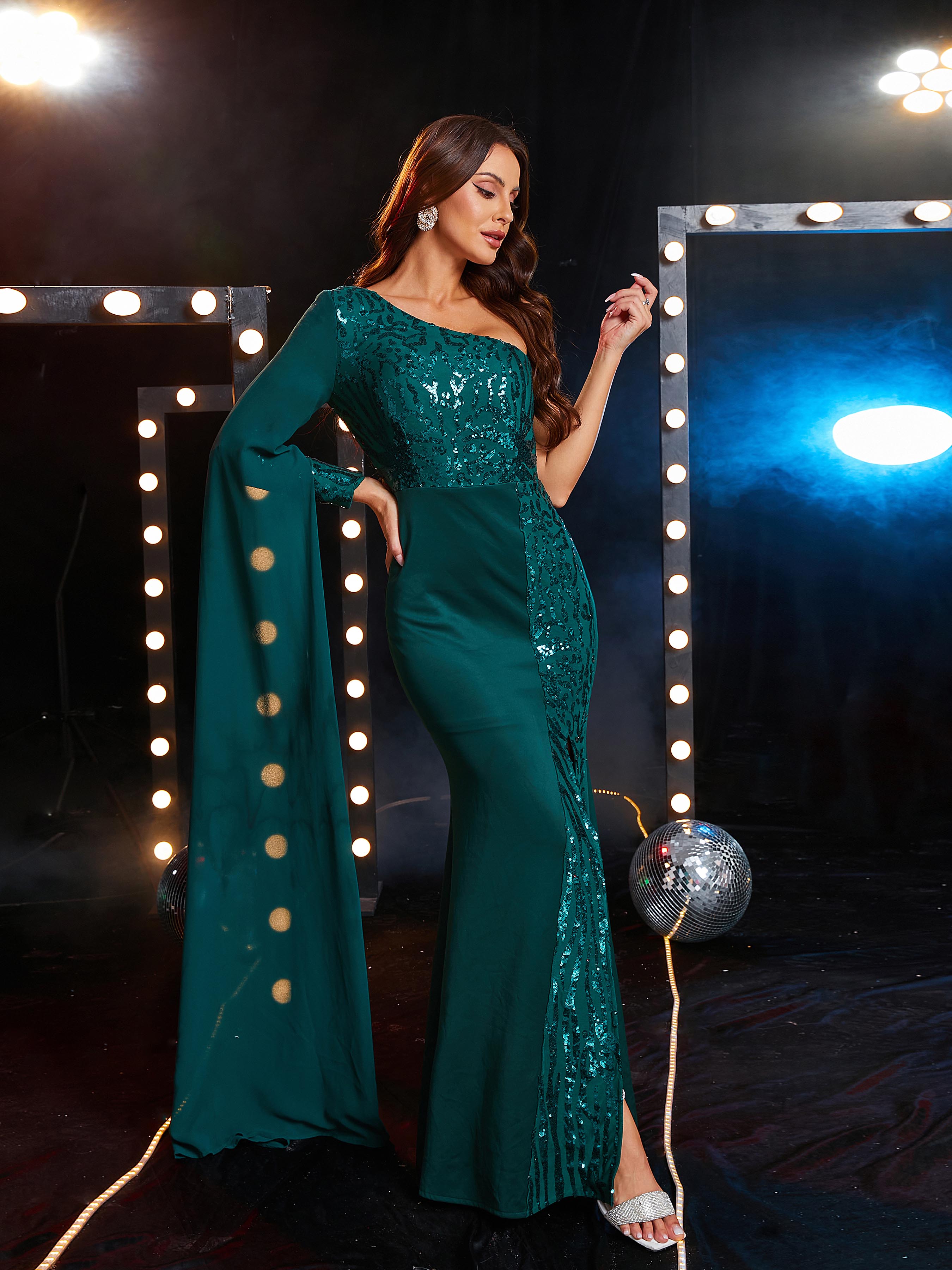 MISSORD One Shoulder Panel High Split Green Sequin Prom Dress