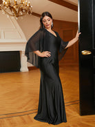 MISSORD Plus Size V-neck Cape Sleeve Black Prom Dress