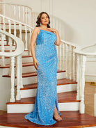 Missord Plus Size Spaghetti Strap Sequin Blue Evening Dress