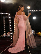 MISSORD Cold Shoulder Mesh Sleeve Pink Sequin Mermaid Dress