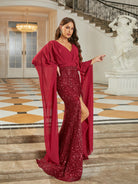 MISSORD V-neck Split Sleeve Wine Panel Sequin Prom Dress