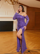 MISSORD Plus Size Long Sleeve High Split Sequin Purple Prom Dress