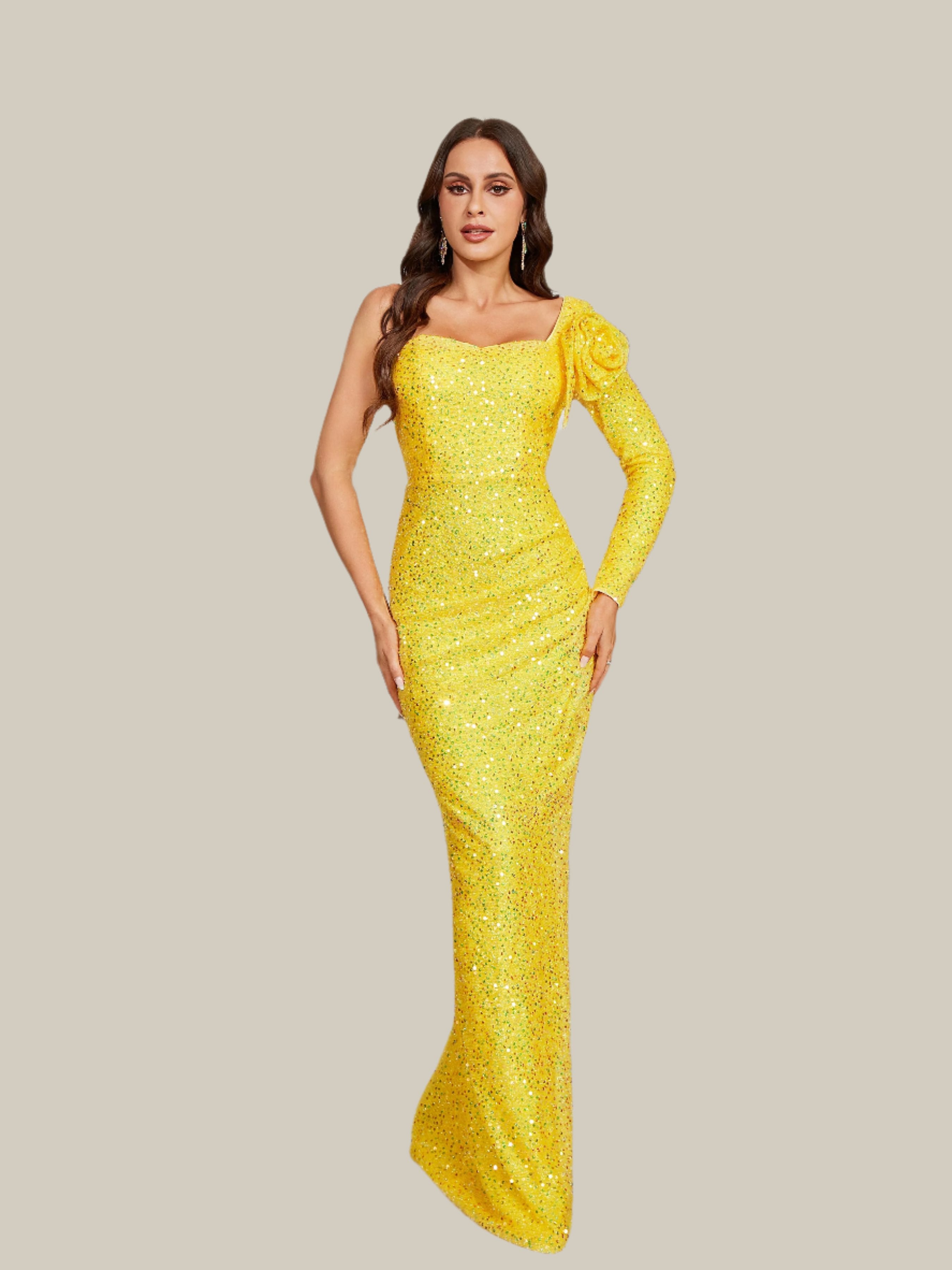 MISSORD One Shoulder Split Sequin Yellow Prom Dres