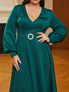 MISSORD Plus Size V-neck A-line Belt Green Wedding Guest Dress