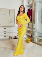 MISSORD One Shoulder Split Sequin Yellow Prom Dres