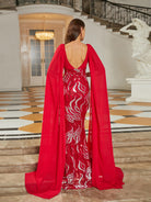 MISSORD V-neck Long Sleeve Red Sequin Maxi Prom Dress