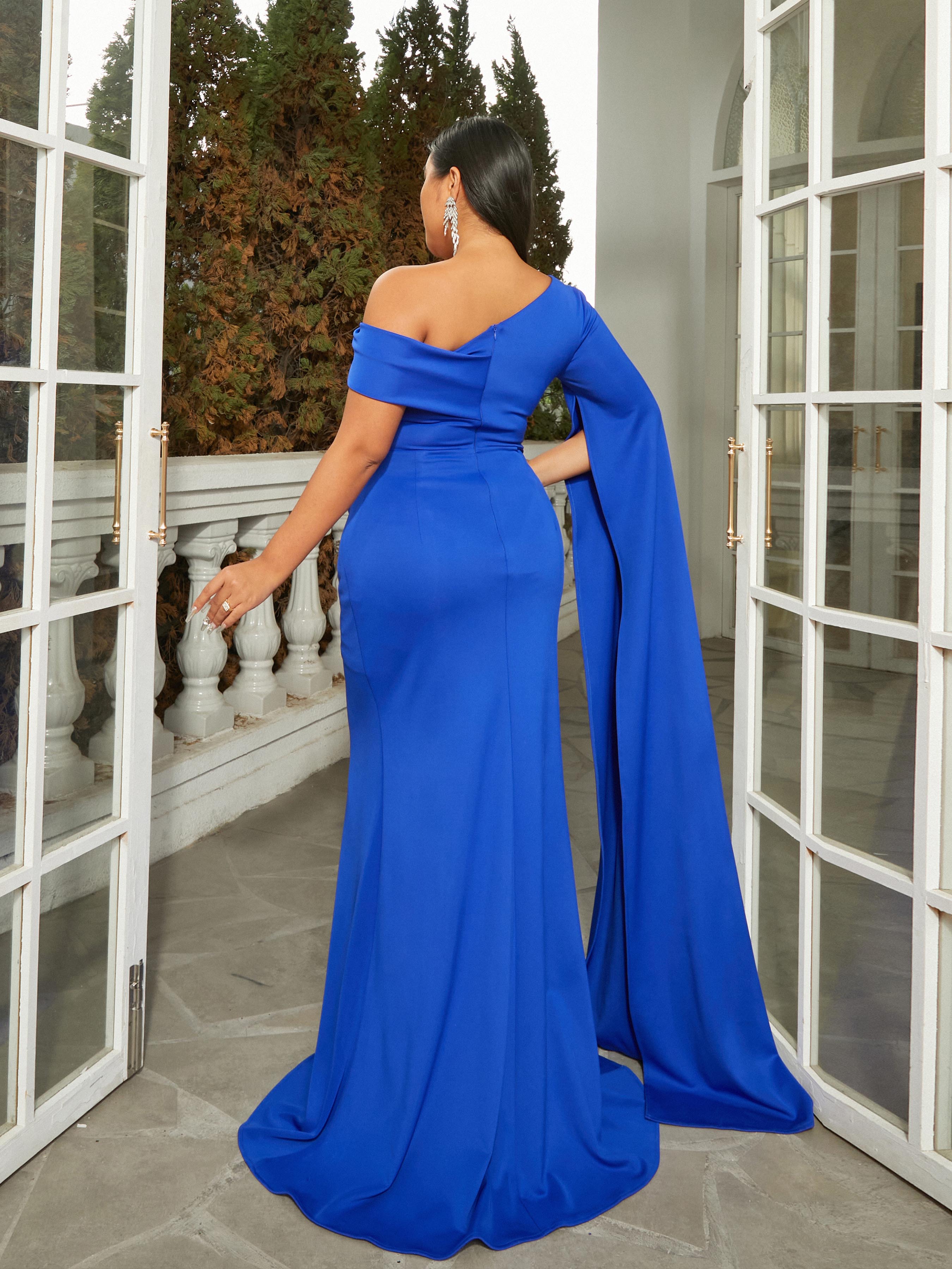 MISSORD Plus Size One Shoulder Ribbon Knit Blue Formal Dress