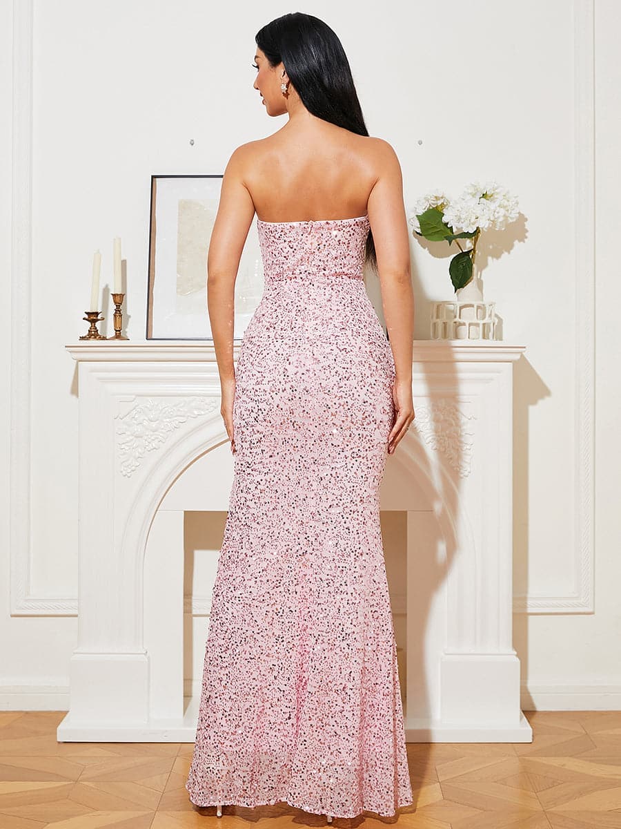 Strapless Sequins Pink Slit Prom Dress