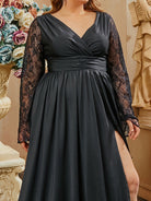 Plus Size Wrap Ruched Lace Sleeve Black Evening Dress