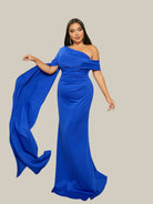 MISSORD Plus Size One Shoulder Ribbon Knit Blue Formal Dress