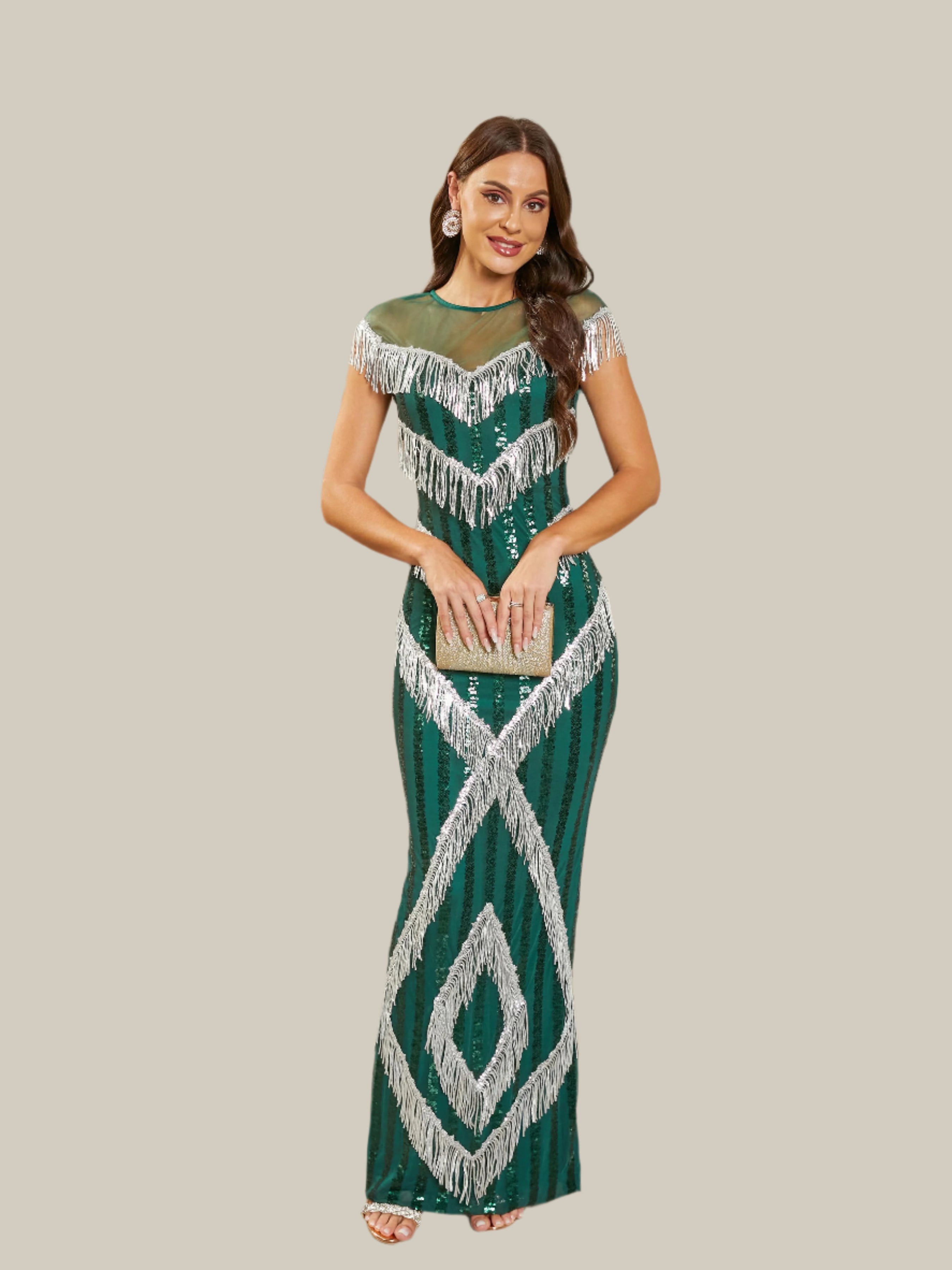 MISSORD Fringed Cap Sleeve Panel Sequin Green Prom Dress 