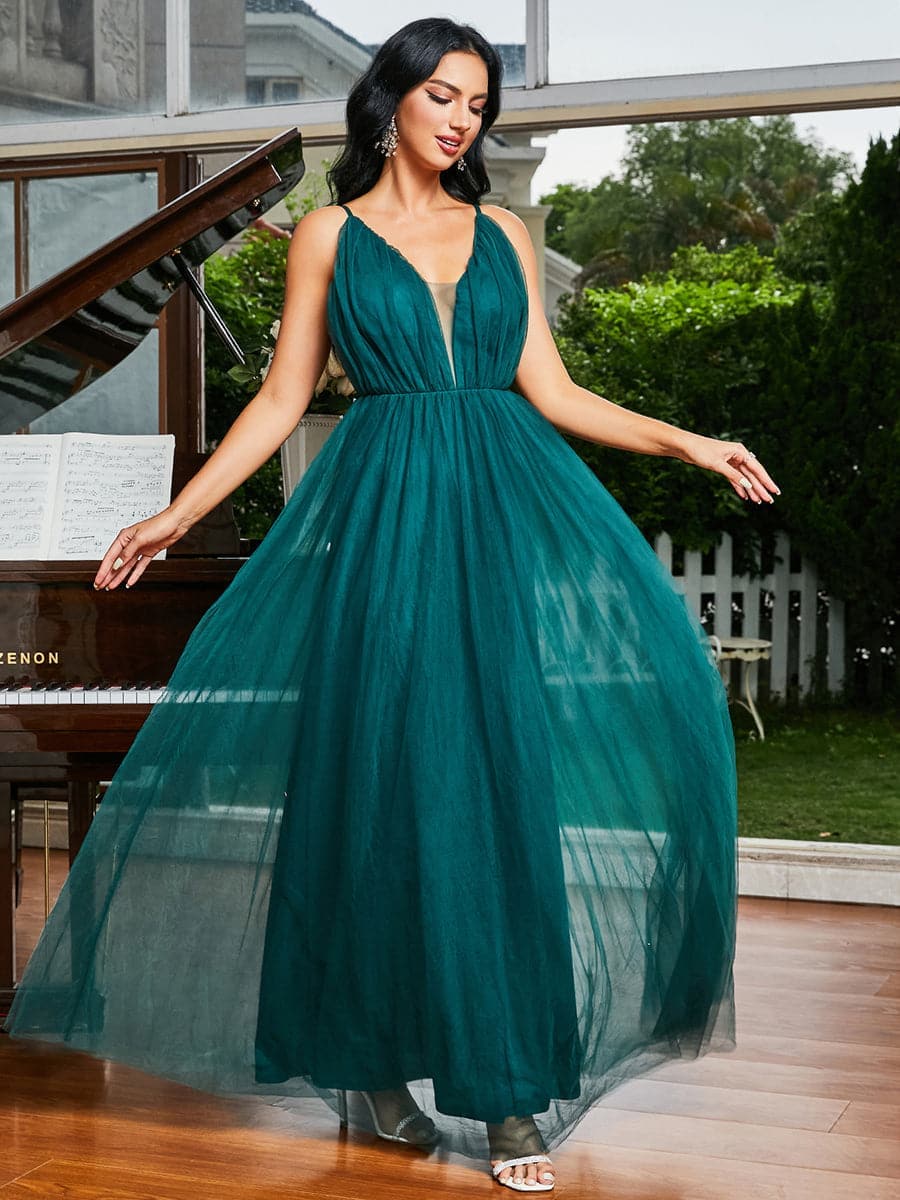 Spaghetti Tulle Ruched Green Prom Dress