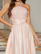 MISSORD Tube Top Panel Sequin Satin Pink Prom Dress 