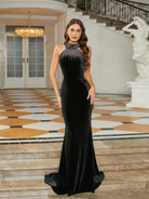 MISSORD Formal Cold Shoulder Halter Neck Velvet Black Evening Dress