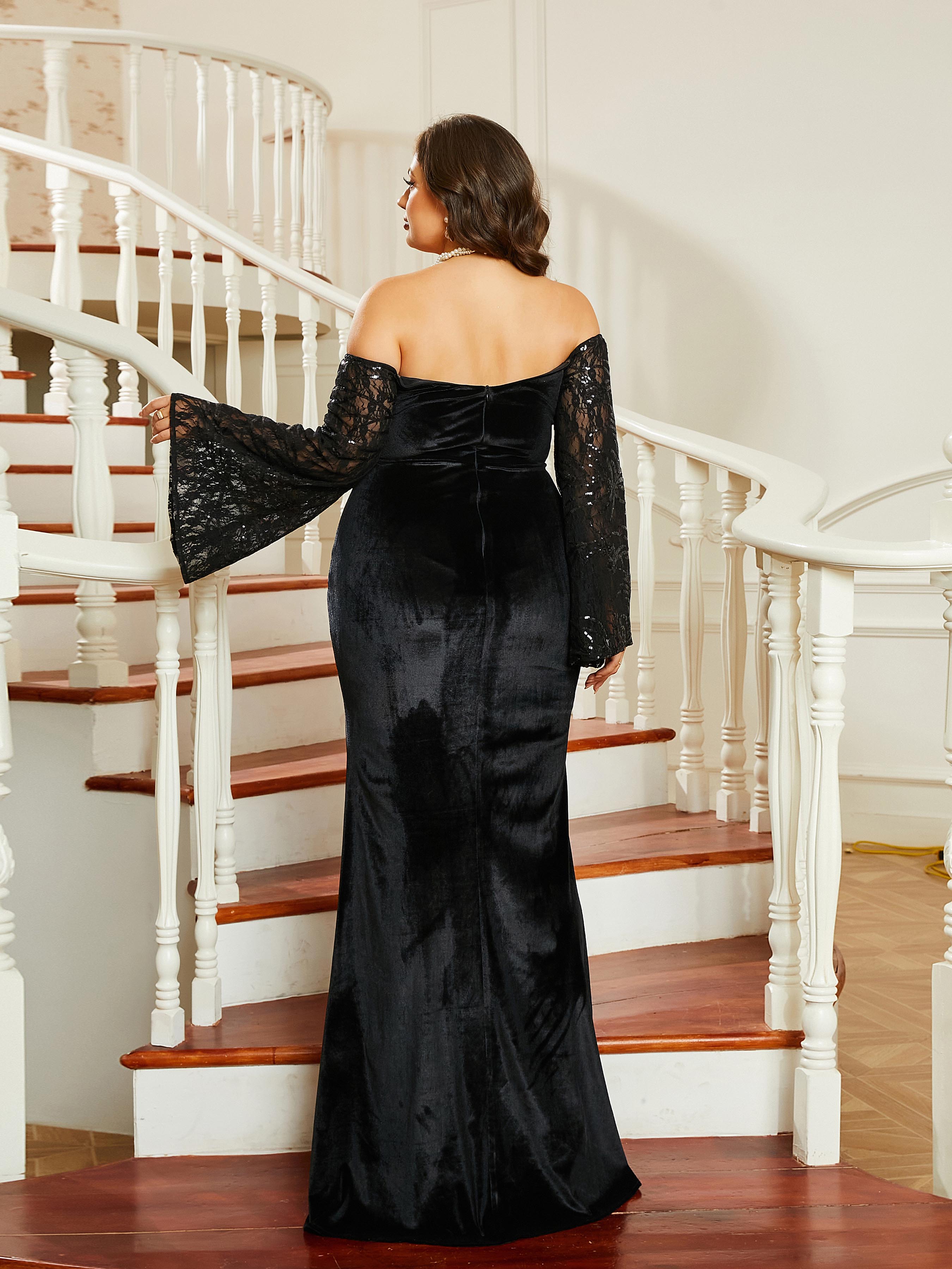 Plus Size Off Shoulder Backless Split Strapless Bell Sleeve Prom Dress