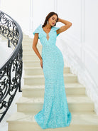 V-Neck Mermaid Sequin Blue Evening Dress