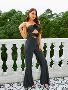 MISSORD Cutout Appliqued Strapless Black Jumpsuits