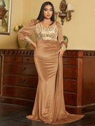 Plus Size Ribbon Lantern Sleeve Velvet Gold Evening Dress PJM032L MISS ORD